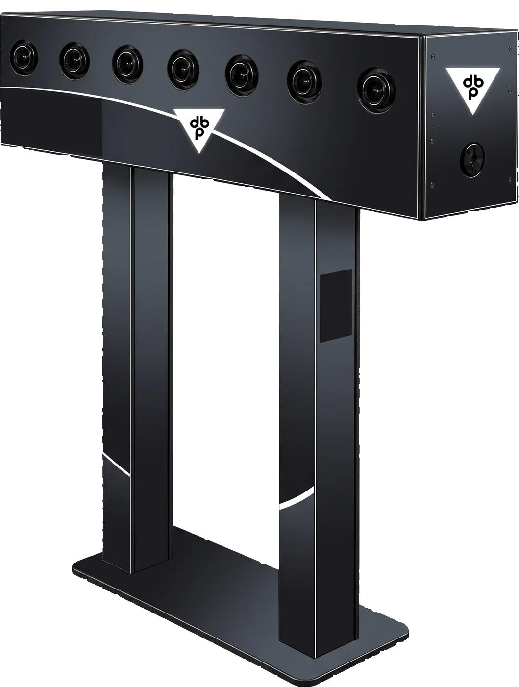 Array multi-camera gantry with seven camera lenses across the top beam, shown in a DB Productions  custom wrap