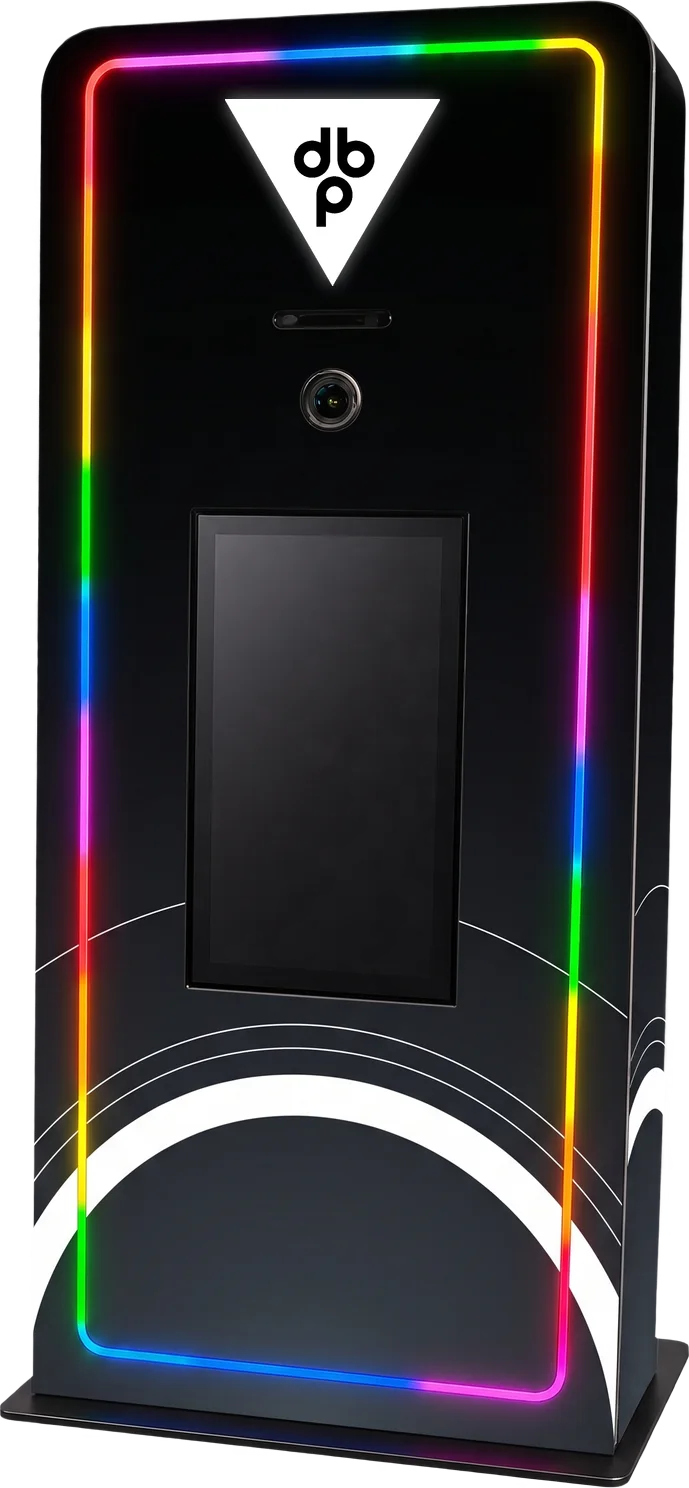 Elevated Kiosk with LED edge lighting, large touch screen, and integrated printer, shown in a DB Productions  custom wrap