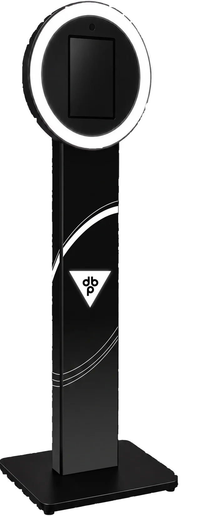 Selfie Station kiosk with halo ring light, shown in a DB Productions  custom wrap