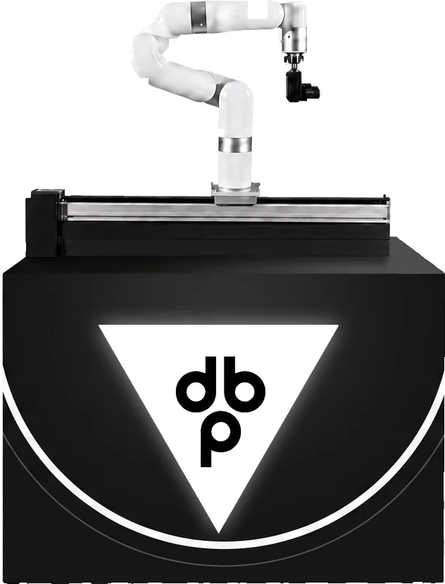 Robotic camera arm mounted on a rail atop a branded base cabinet, shown in a DB Productions  custom wrap